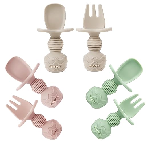 PandaEar 6 Pack Silicone Baby Spoons and Fork Feeding Set- Anti-Choke First Self Feeding Utensils for Baby Led Weaning Ages 3 Months (Pink, Green&Linen)