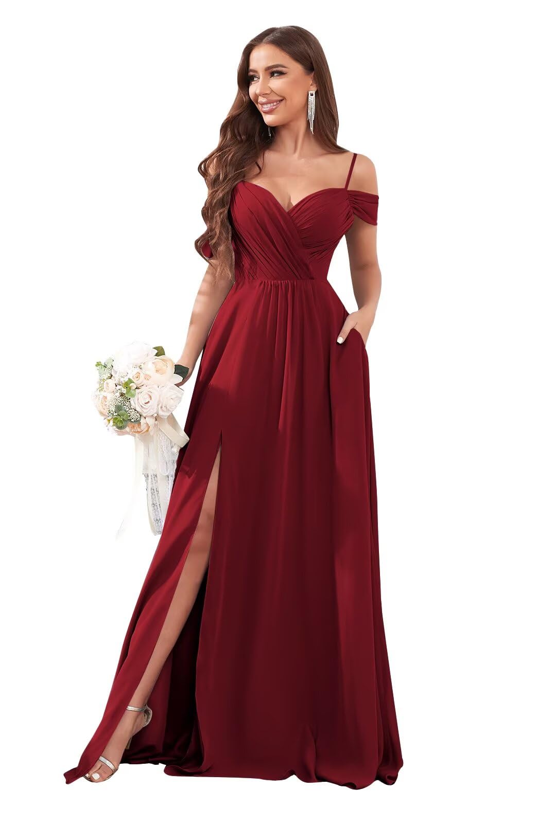 Sukleet Women's Off Shoulder Bridesmaid Dresses Long Slit Chiffon Ruched Evening Formal Dress with Pockets