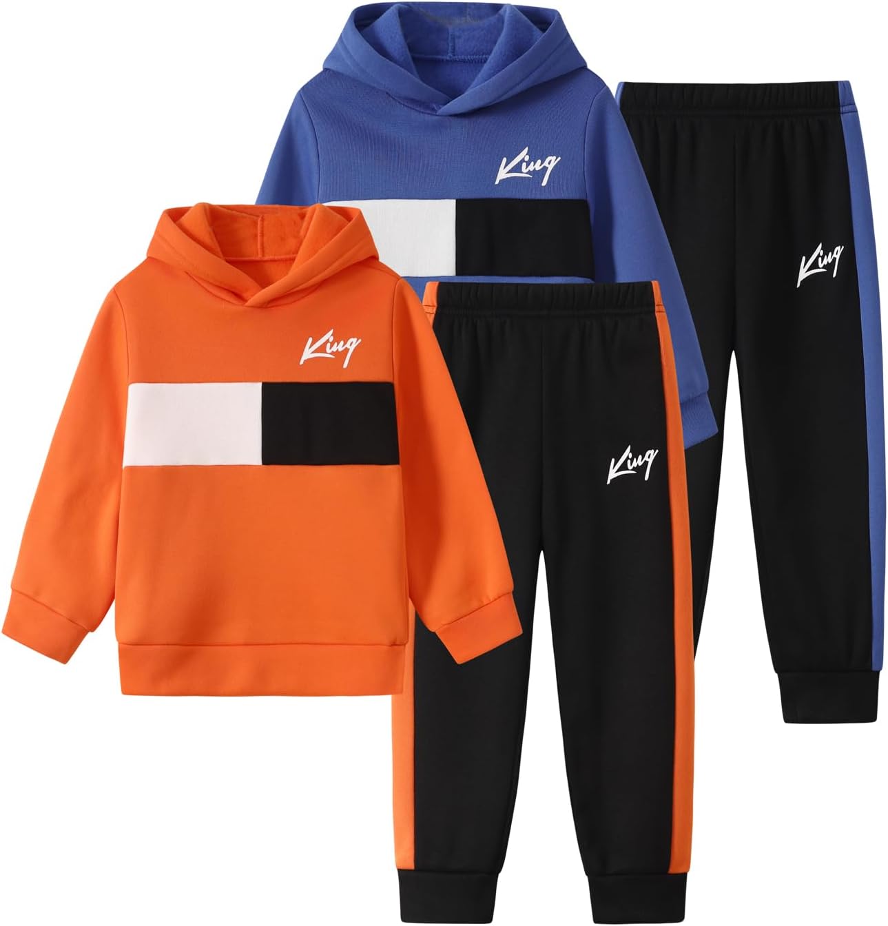 Boys Hooded Pants Set 4 Piece Colorblock Sweatshirt and Jogger Pants Pullover Sweat...