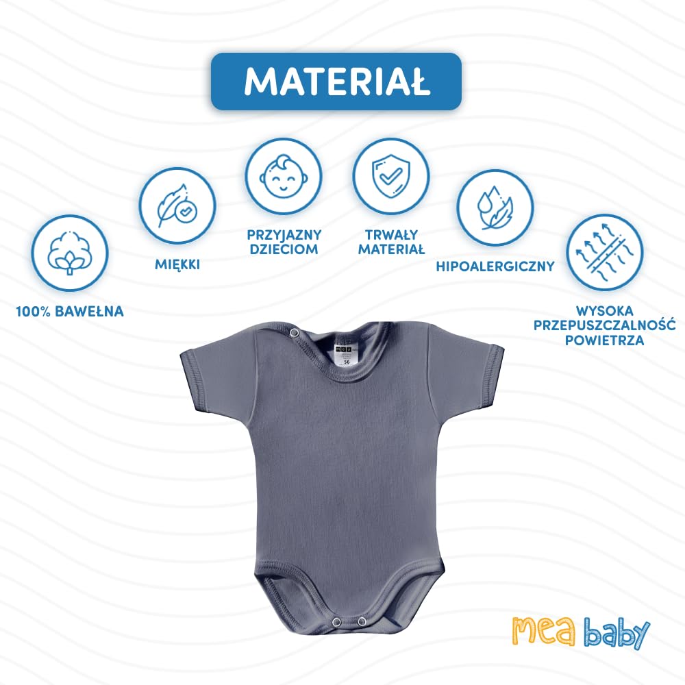 MEA BABY Unisex Baby Body z krótkimi rękawami z nadrukiem wykonane w 100% z bawełny w paczce 5 sztuk, body niemowlęce z nadrukiem, body niemowlęce dla dziewczynek, body niemowlęce dla chłopców