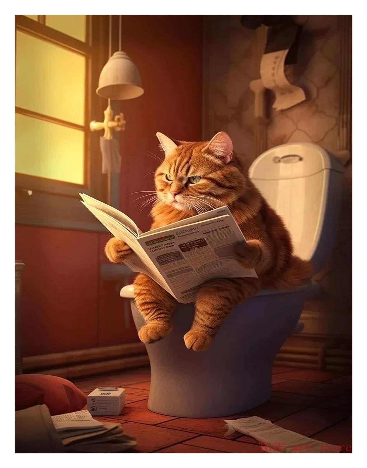 Byambd D Byamb Aesthetic Pictures Funny Fat Cat Toilet Newspaper Posters Print Wall Art Aesthetics Canvas Painting For Living Room Modern Home Ecor(,40X50cm)