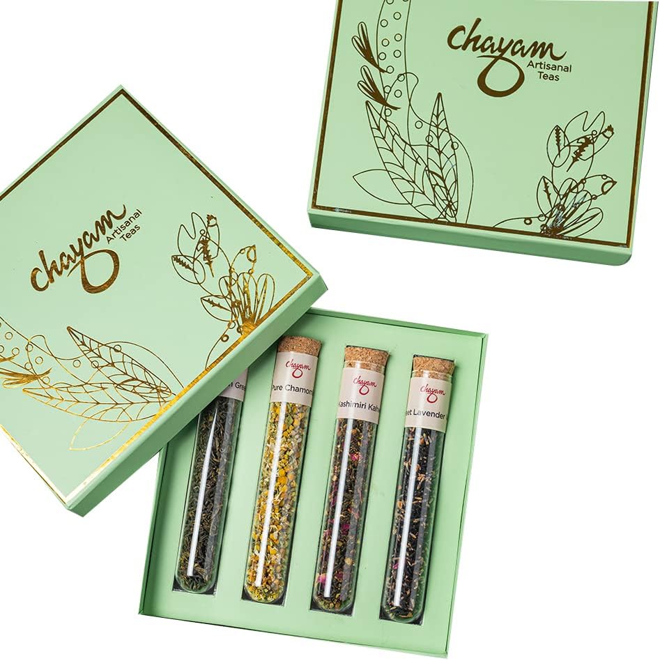 CHAYAMGreen Tea Gift Box | 80g, 40 cups I Luxury Tea Gift Set I Loose Green Tea | Herbal Tea | 4 Flavours | Moroccan Mint, Chamomile, Turmeric, Himalayan Green
