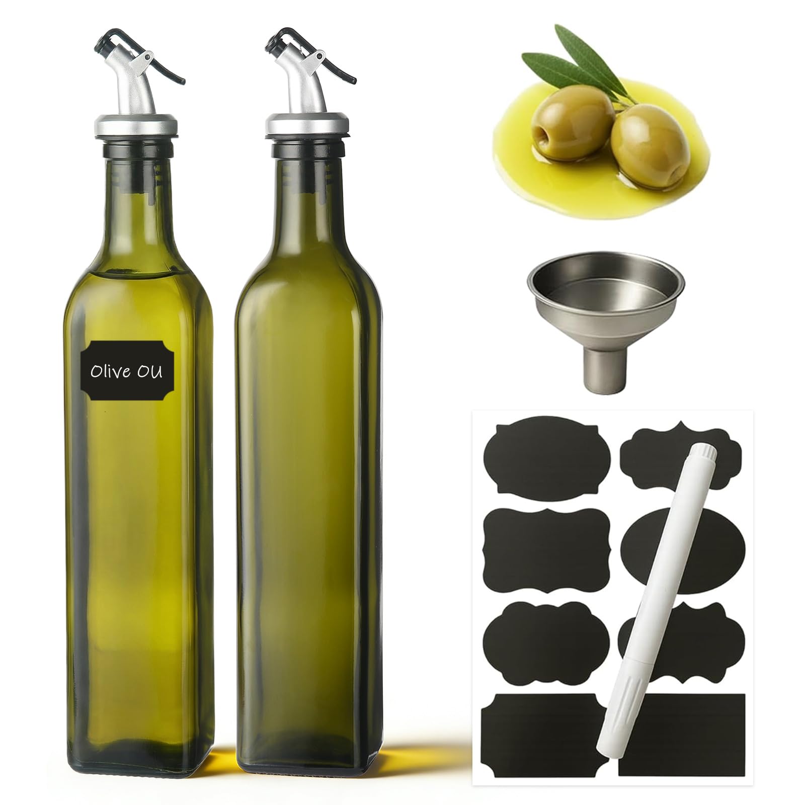 WERTIOO 2 Pack Olive Oil Dispenser Bottle for Kitchen, 500 ml Glass Oil Olive Bottle, Oil & Vinegar Dispenser Set with 1 Funnels, Pen and Tags (Green)
