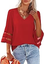 LookbookStore Women's V Neck Mesh Panel Blouse 3/4 Bell Sleeve Loose Top Shirt