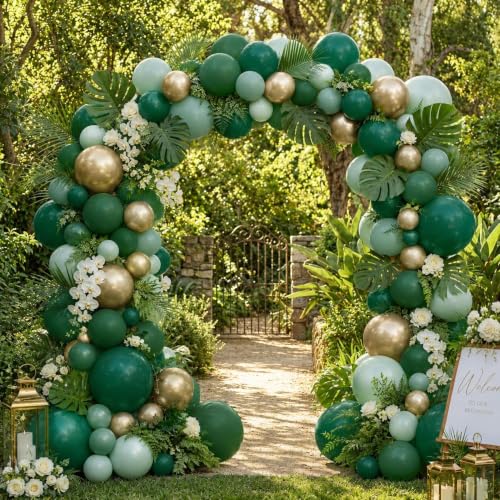 Image of Dark Green Gold Balloon Arch Garland Kit Double Stuffed | Sage Emerald Green Balloons for Birthday Baby Shower Jungle Wedding Bridal Shower Graduation Summer Party Decor