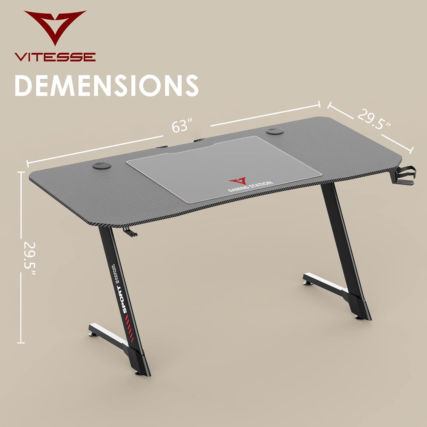 Diagram showing the dimensions of the VITESSE 63 Inch Gaming Desk