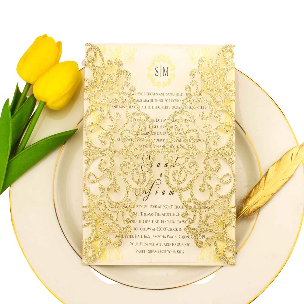 Lot De 10 Enveloppes De Mariage Découpées Au Laser - Cartes Invitation Dorées Étincelantes