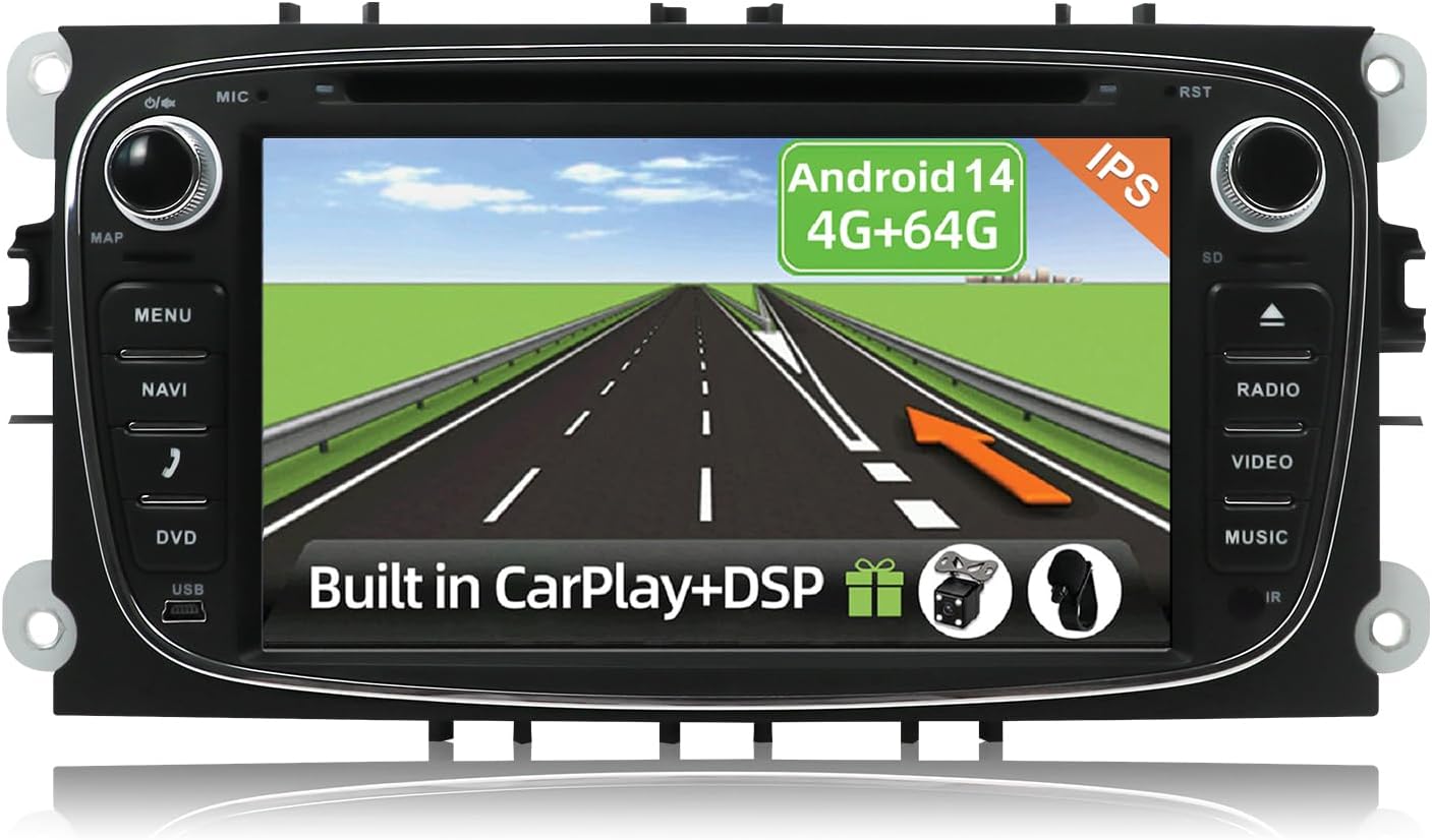 YUNTX PX6 Android 14 Car Stereo Fit for Ford Focus/Mondeo/Galaxy/S-max - [4G+64G] - GPS 2 Din - Head Unit with Free Rear Camera - Support DAB+/DVD/Carplay/Mirrorlink/USB/WiFi/Steering wheel control