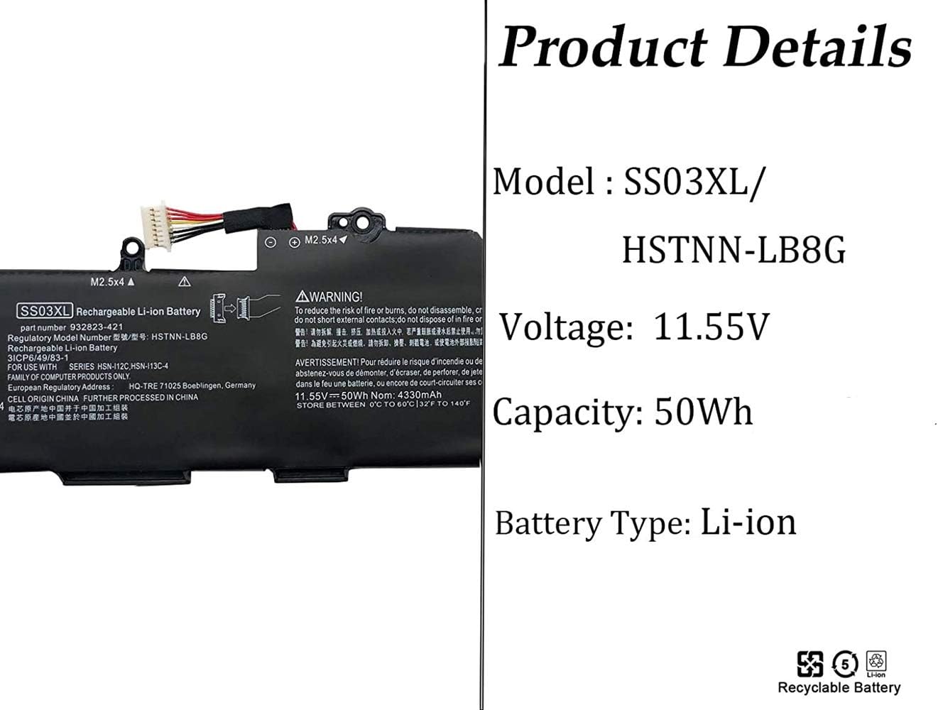 ASKC HSTNN-LB8G SS03XL Laptop Battery for Hp EliteBook 730 735 740 745 755 830 840 846 G5 745 840 G6 ZBOOK 14U G5 G6 HSN-I12C Series 933321-855 932823-421 11.55V 50Wh - Image 3