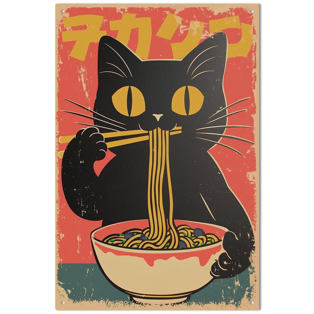 PRESSINART Funny Cat Metal Tin Signs Black Cat Eating Ramen 8 x 12 Inch