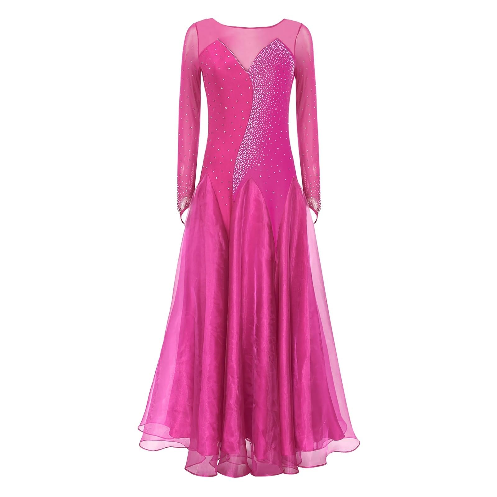 Tanzkleid Damen Damen Lyrisches Walzer-Tango-Tanzkleid, Transparentes Netz, Langärmliges Maxikleid Mit Glitzernden Strasssteinen for Bühnenauftritte