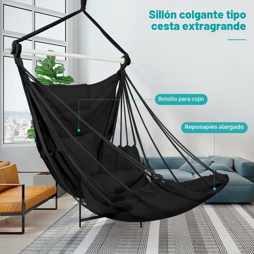 Silla Colgante para Exterior & Interior, Silla Hamaca Colgante con 3 Cojines y Soporte para Reposapiés para Jardin, Terraza, Balcón, Dormitorio, Ofi, Capacidad de Carga de 200kg