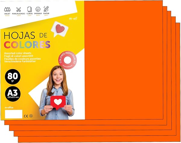 Papier A3 Couleur - Feuilles A3 80g Pour Imprimante Jet d'Encre et Laser, Ramette Papier Pour Loisirs Créatifs, Bricolage et Décoration M-office (500 feuilles, Orange Fluo)