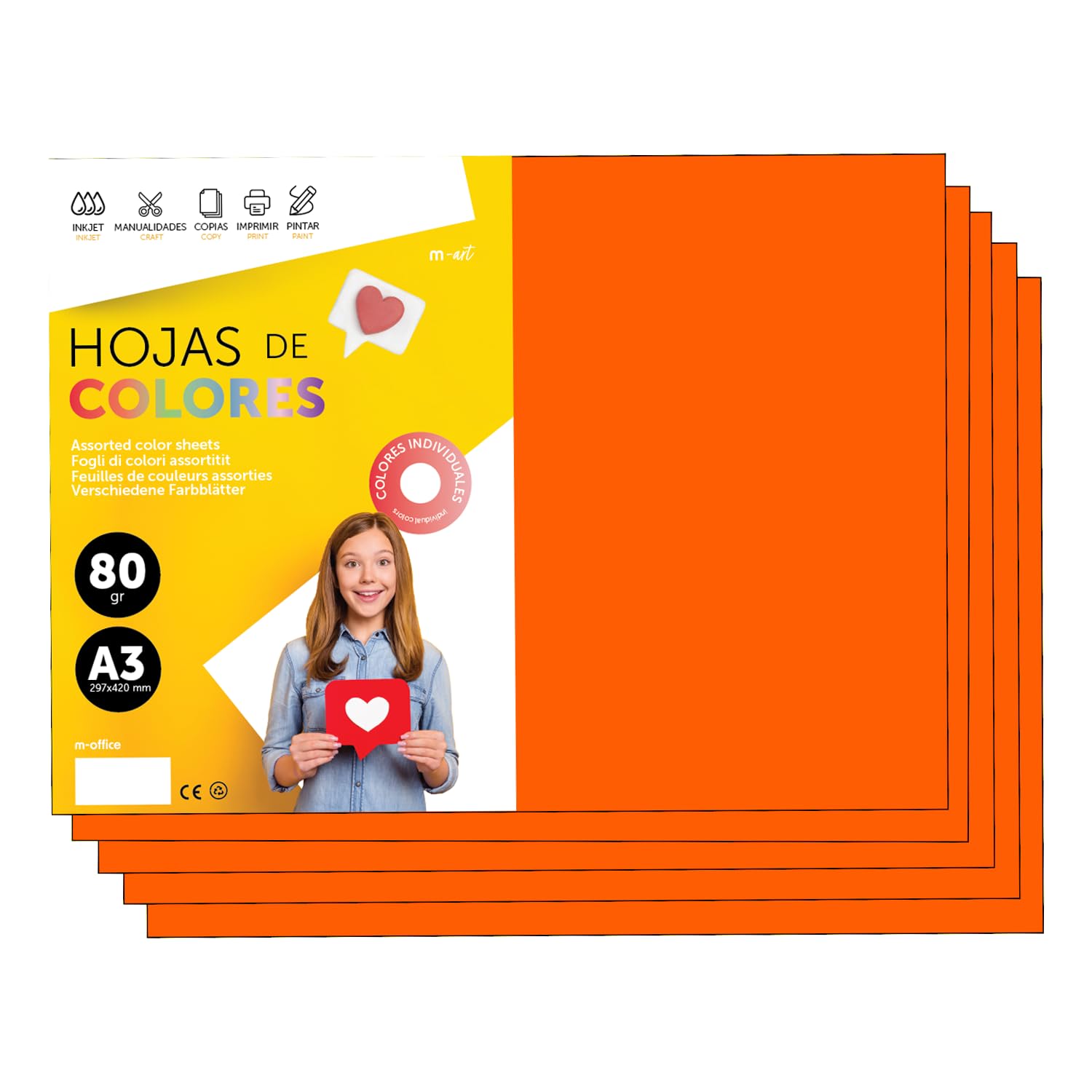 A3 Colour Paper - 80g A3 Sheets for Inkjet and Laser Printers, Ream Paper for Crafts, DIY and Decoration m-Office (250 Sheets, Orange)