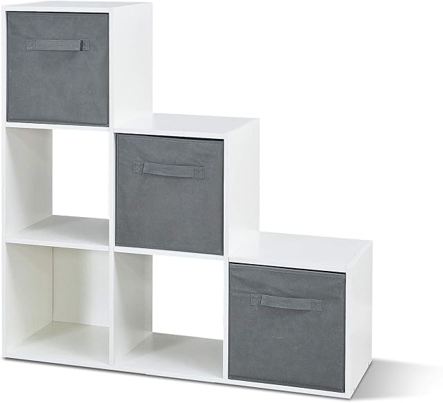 Meerveil Storage Unit, Wooden Bookcase 6-Cube Step Style with 3 Storage Boxes for Living Room Study Room Balcony Office, White
