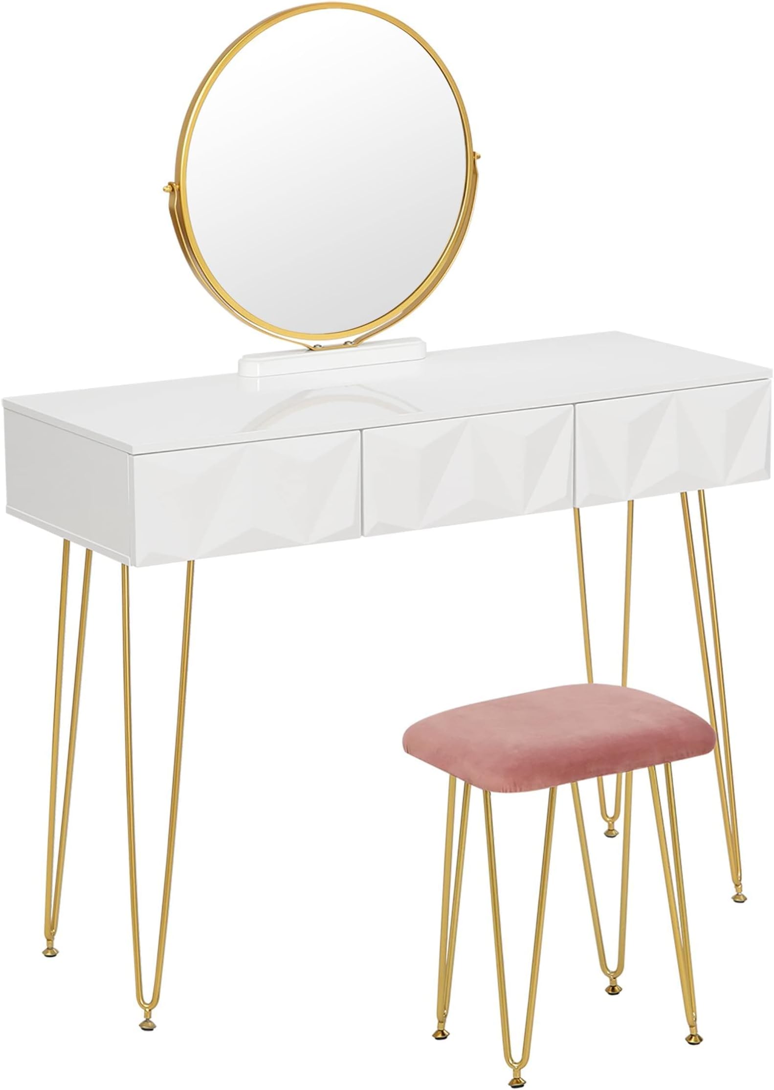 Coiffeuse Azur en blanc brillant + tabouret + lumière LED