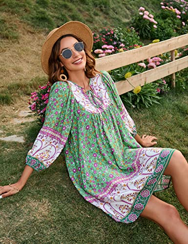Bluetime Women Loose Casual Dress Summer V Neck Swing Dresses Flowy Floral Print Sun Dress (L, Light Green) #TOP3