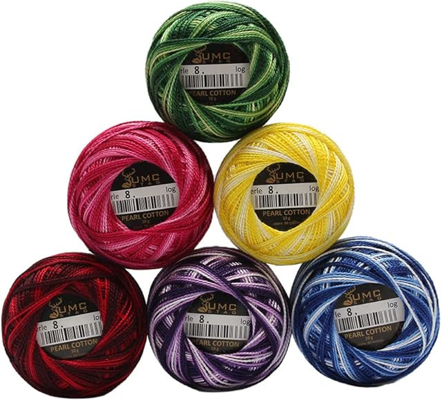 UMC STAG 6 Balls Variegated Colours Premium Pearl Cotton Embroidery Thread Size 8 | 100% Egyptian Cotton Crochet Yarn | Cross Stitch Embroidery Yarn | Oeko TEX Certified | 10g Per Ball (Variegated)