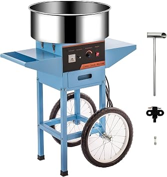 Commercial Electric Cotton Candy Machine W Cart, Wheels, Stainless Steel Bowl, Sugar Scoop - Perfect for Parties, Carnivals & Family Fun Blue