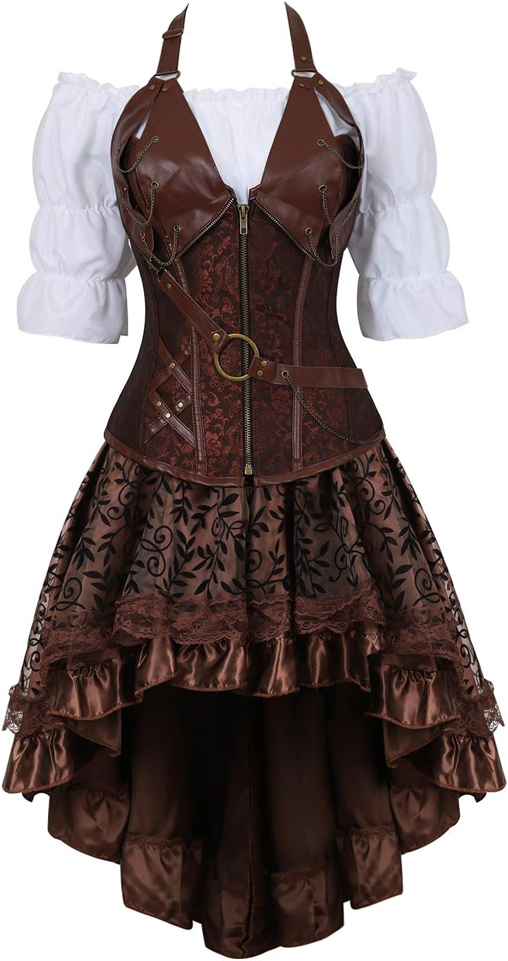 Grebrafan Steampunk Leather Corsets Bustiers Skirt Blouse Set 3 piece Boned Corset Outfits for Women