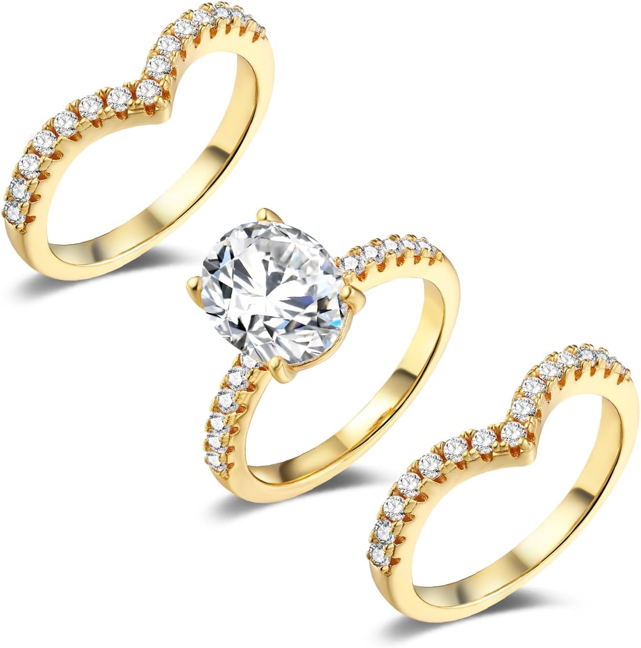 MDFUN 18K Gold Plated Promise Eternity Rings for Women, 7 * 9mm Oval Cubic Zirconia Three-in-One Ring Wedding Band Engagement