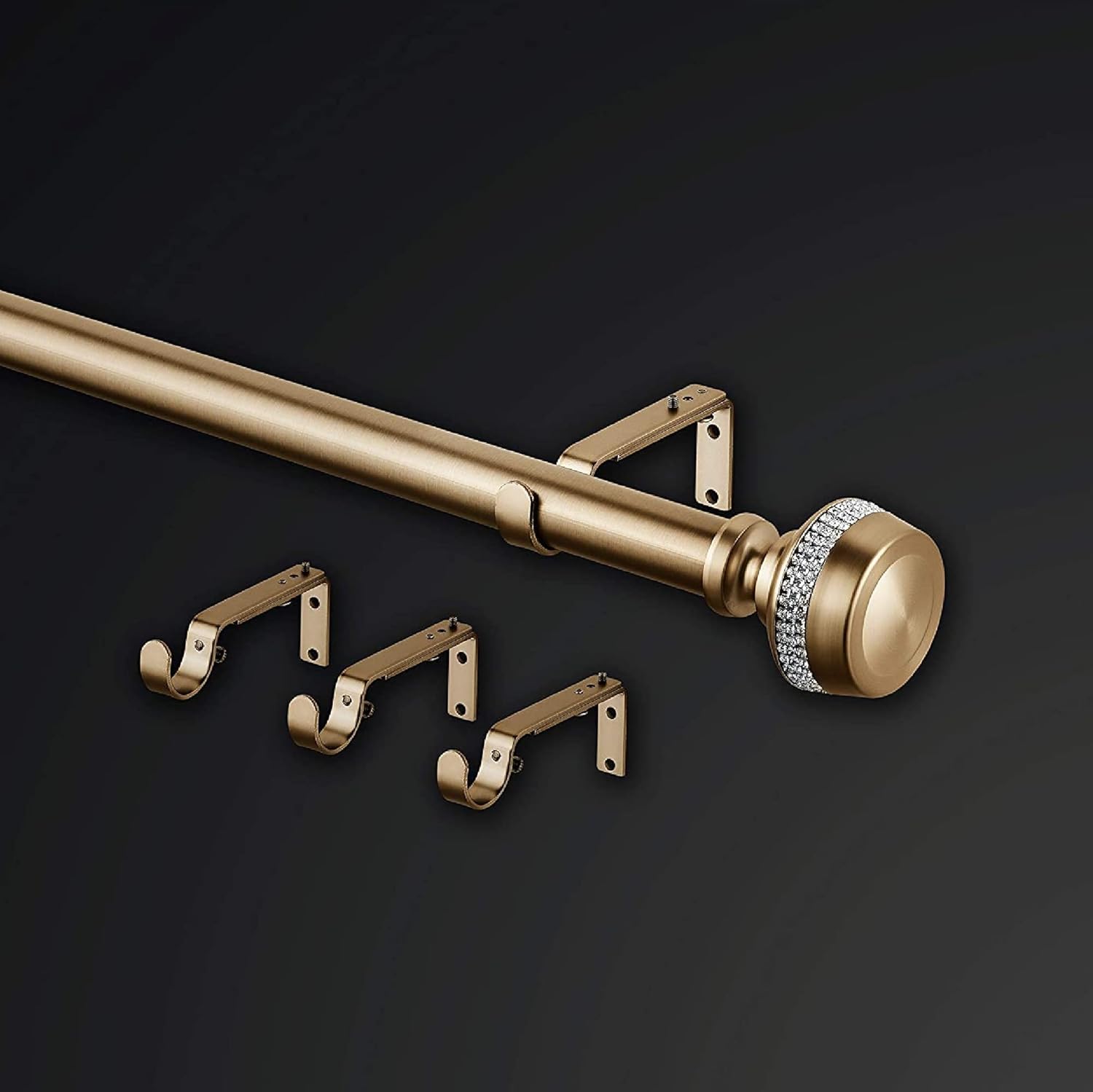Warm Gold Steel Wall Mounted Adjustable Curtain Rod Set with Rhinestone Finials