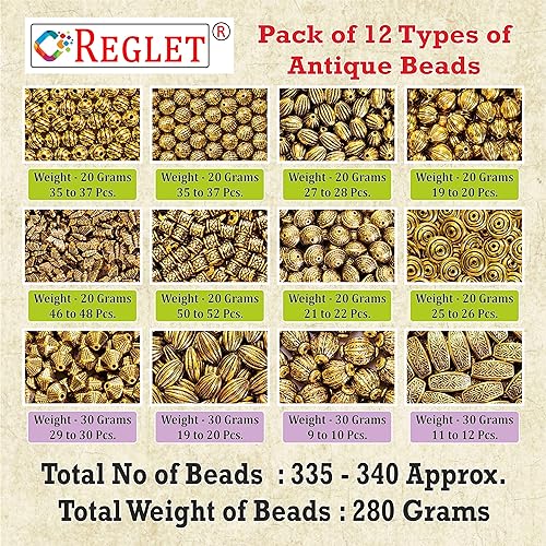 Image of 340 Pcs Golden Antique Beads for Jewellery Making Kit, Beads for Bracelet Making Kit, Beading, DIY Beadwork, Crafting, Embroidery, Bead Craft - 12 Designs, Acrylic, 280g, Pearls for Craft