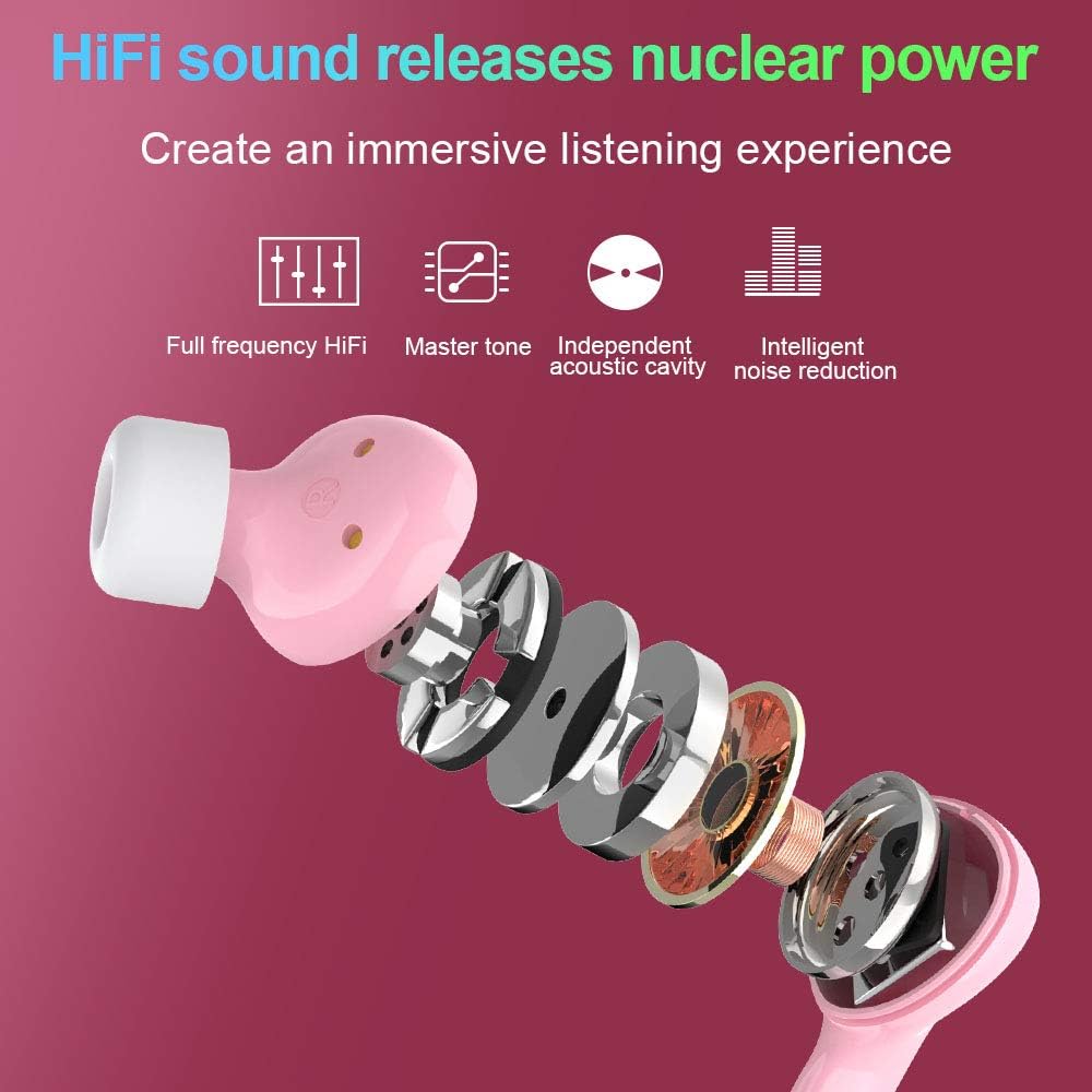Bluetooth 5.0 Wireless Earbuds with Charging Case,Touch Control Headset HiFi Stereo Sound Mini in Ear Bluetooth Earphones,Noise Canceling Waterproof Headphones for Running (Pink)