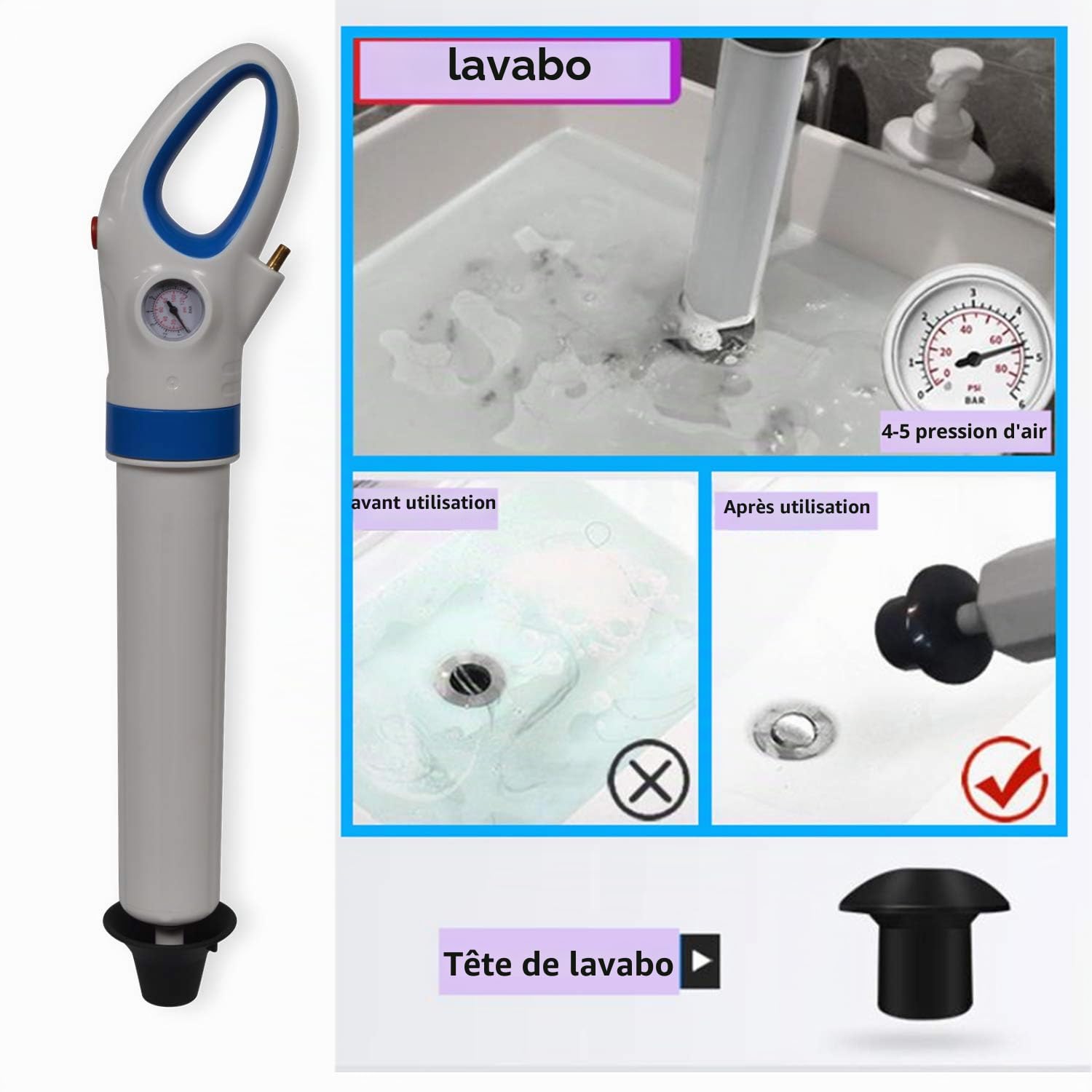 Déboucheur canalisation nettoyage pompe haute pression outil de piston de toilette avec 5 adaptateurs,Dispositif De Dragage De Type Pneumatique pour Toilettes pour Cuisine,Blanc (Divisé)