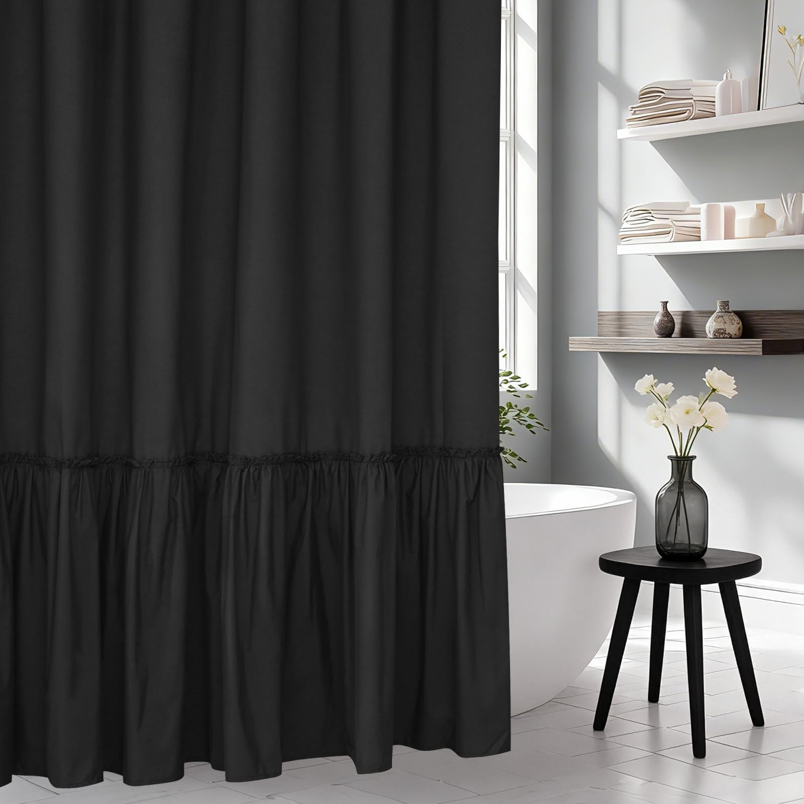 Seenus Soft Microfiber Ruffle Shower Curtain with Waterproof TPU Backed, 72 x 78 Inch Extra Long French Country Ruched Black Shower Curtain, 2 in 1 Washable Fabric Shower Curtain with TPU Lining