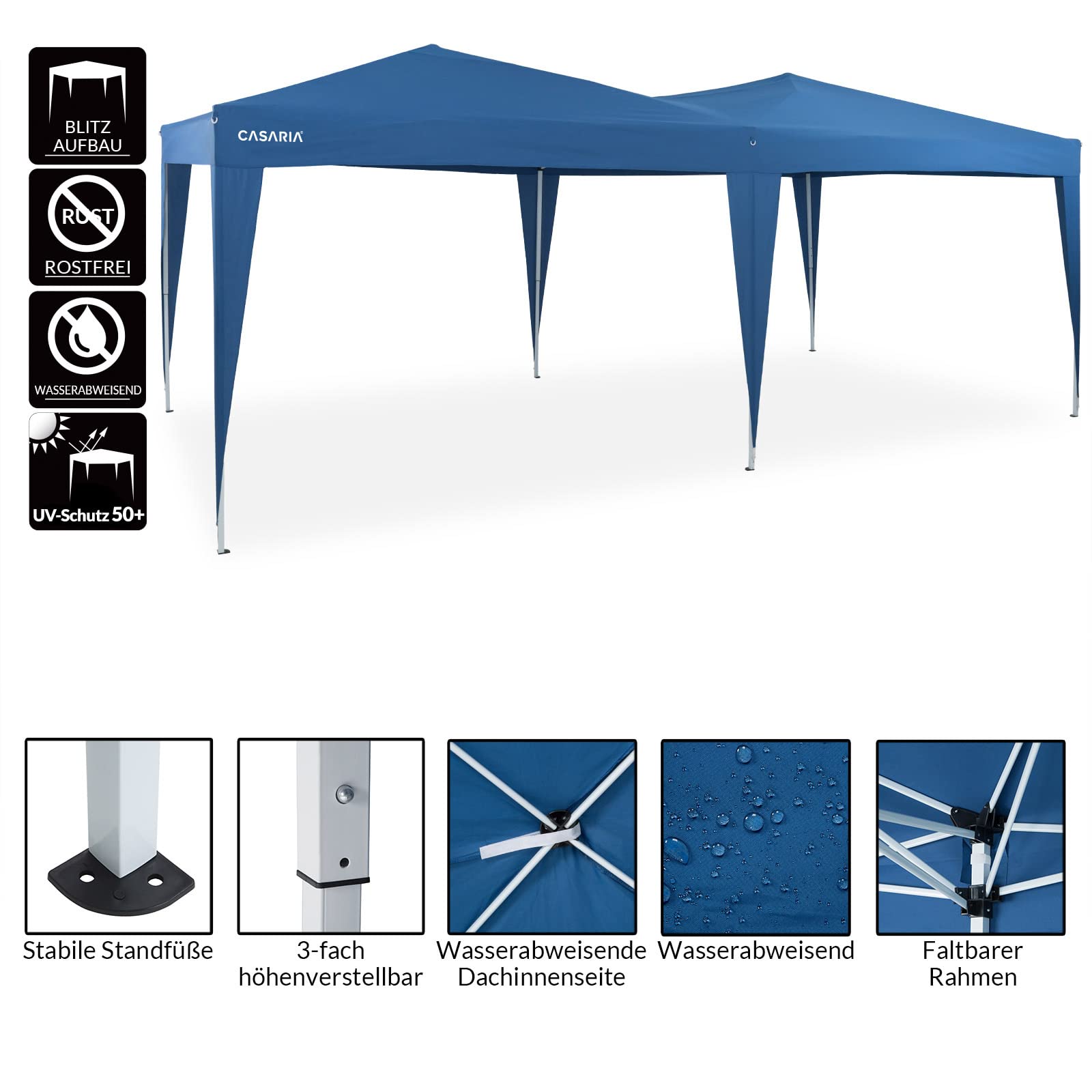 CASARIA® Pavillon Capri 3x6m Pop-Up Blau Wasserabweisend Inkl. Tasche UV-Schutz Faltpavillon Gartenzelt Partyzelt Zelt