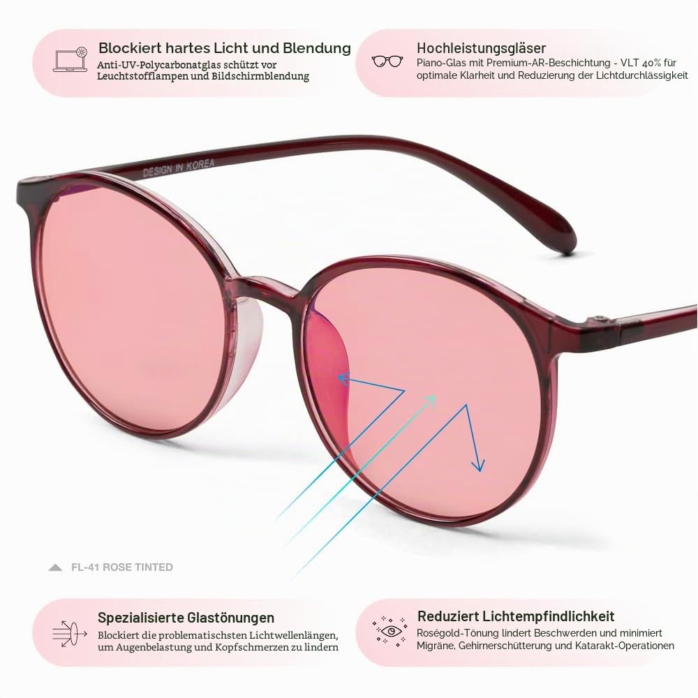BRADDELL OPTICS Migräne Blaufilterbrille FL-41 Rosa & FL-60 Braun bei Photophobie, LED-Beleuchtung und Computerbildschirmen
