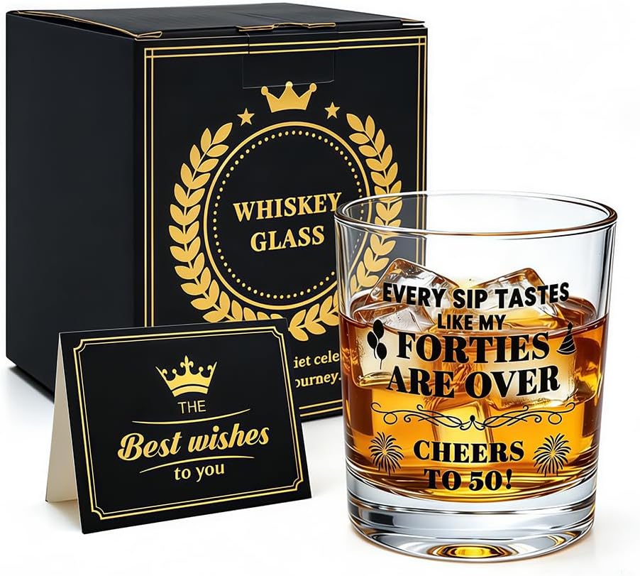 50th Birthday Gifts for Men Whiskey Glass, Birthday Decorations for Men