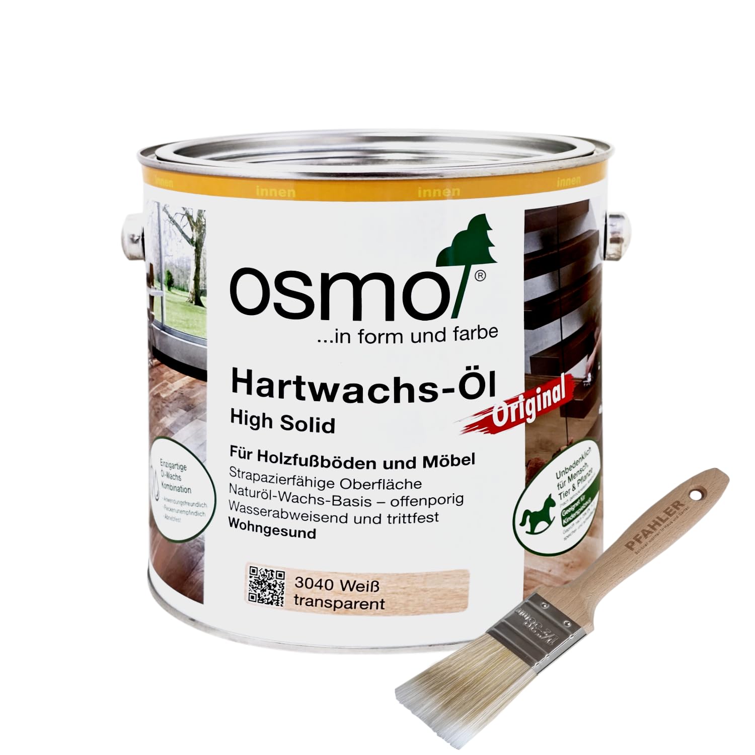 Osmo Hartwachs-Öl Weiß 3040 transparent High Solid Transparentfarbig 2,5l - für innen Seidenmatt + Flächenstreicher Pinsel von Pfahler Gratis