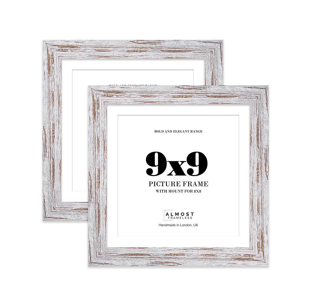 9x9" Distressed Wood Square Frame With Mount for 8x8" Pictures 28mm Edge Frame Display with Wall Hooks and Kickstand, 2 Pack