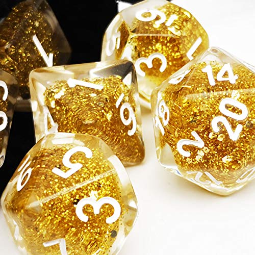 Haxtec Glitter DND Dice Set 7PCS Polyhedral D D Dice for Roleplaying Dice Games as Dungeons and Dragons-Gold Glitter Dice