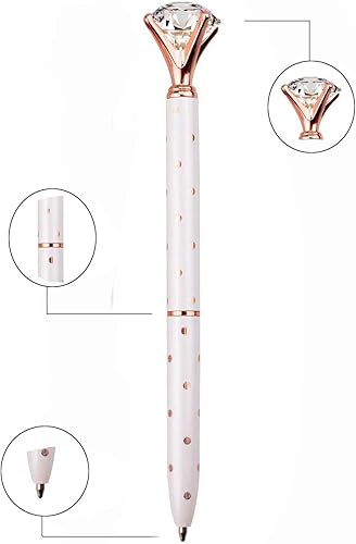 Miniatura 5 de 3 bolígrafos de metal con diamantes de cristal grande, para oficinas y escuelas, plata/blanco con lunares, oro rosa con lunares, incluye 3 recambios
