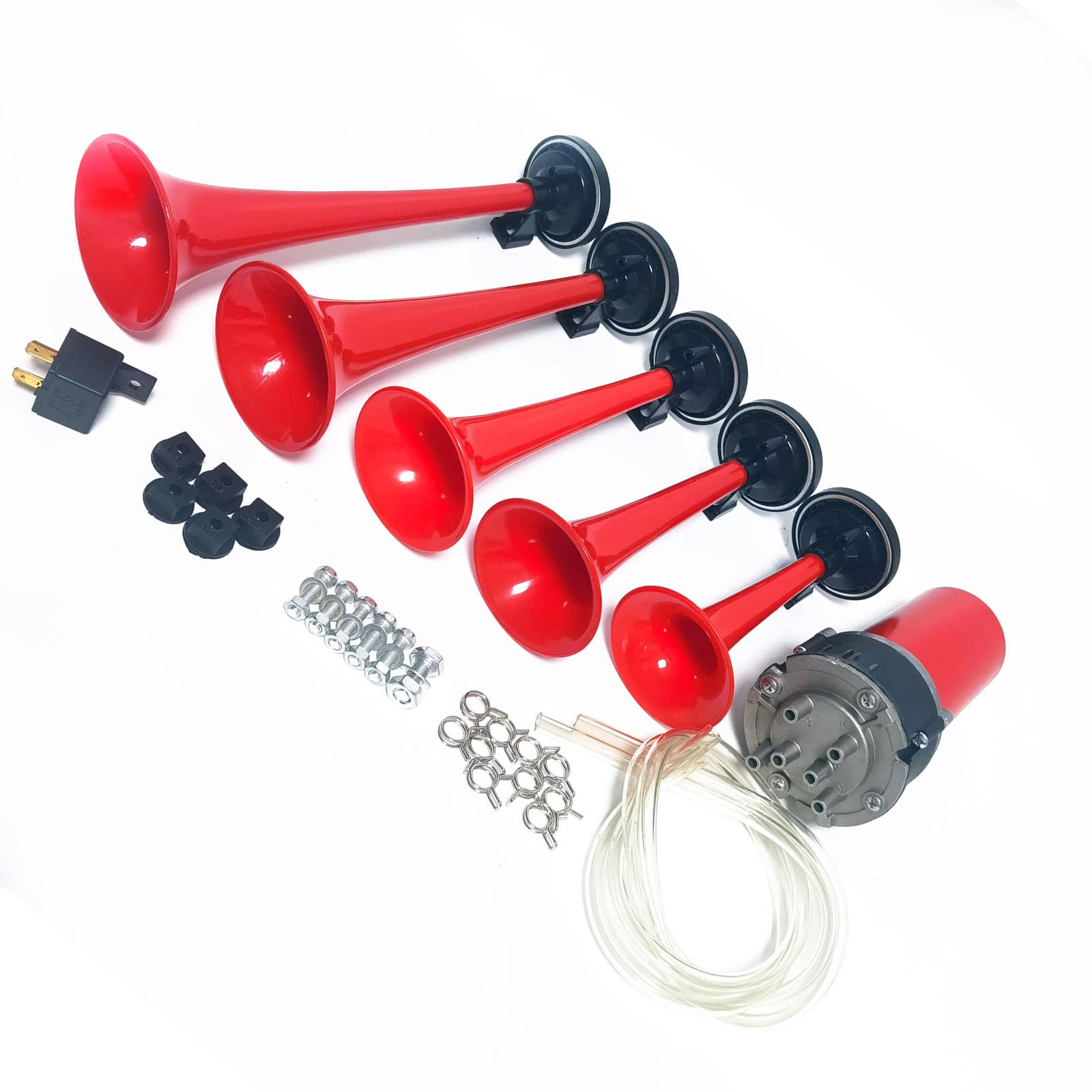 Clacson per auto Clacson Car Horn 12V Clacson per nave Tromba a cinque tubi Dixie 160db Tromba d'aria rossa Tromba per camion con altoparlante della pompa dell'aria per 12V auto camion SUV ecc
