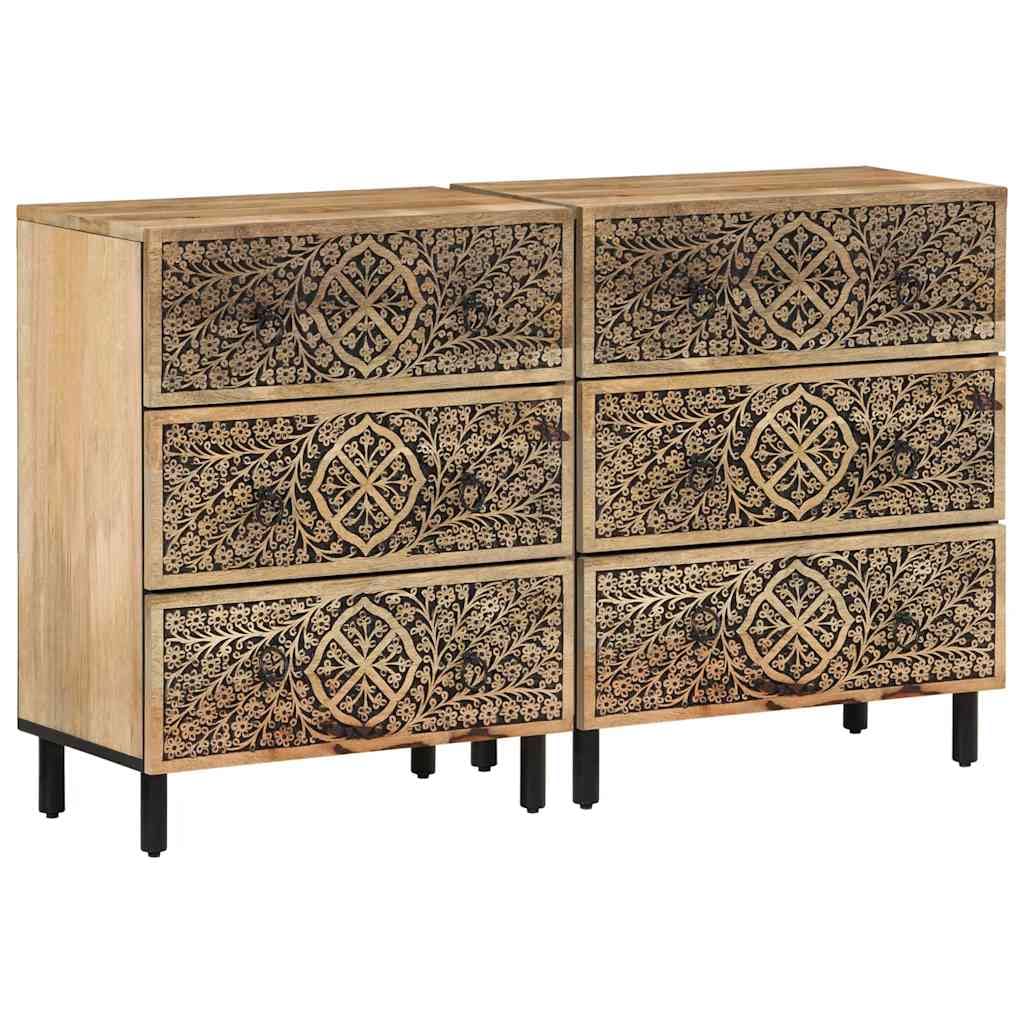 Sideboard Buffet Cabinet with Storage, Natural Mango Wood, Hand-Carved Floral Design, 2-Piece Set for Living Room, Entryway, Dining Area
