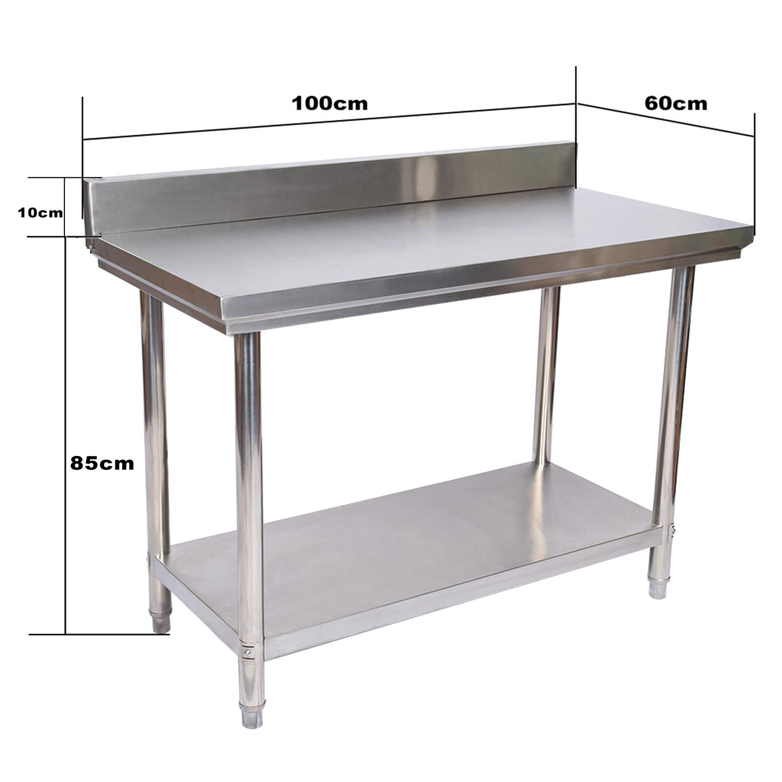 Wiltec Tavolo da lavoro in acciaio inox 100 x 60 x 85 cm con alzatina e ripiano inferiore