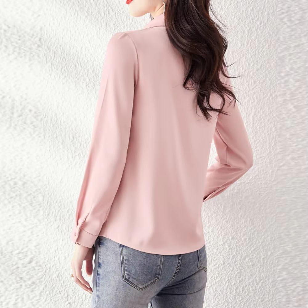 Women's Slim Office Lady Solid Blouse Shirt Vintage Long Sleeve Satin Chiffon Top Elegant Casual Clothes