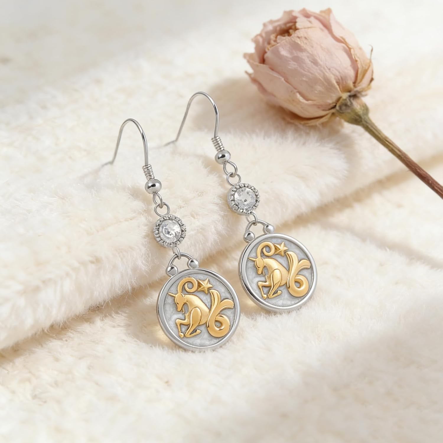 Two Tone 12 Zodiac Earrings Pearly White Enamel Round Disc Constellation Horoscope Dangle Earrings Gold Zodiac Sign Jewelry Birthday Gift for Women