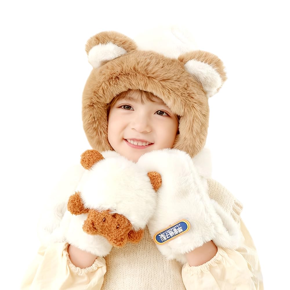 Hymbcfw Women's Pink-7 Teddy Bear Hat Scarf Gloves Set, Scarf With Mitten For Winter Warm Faux Fur Scarfs Hat Gloves Combo For Girls Boys Children Aged 4-10（C）