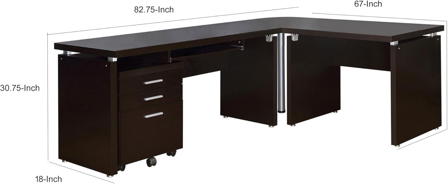 Benzara Niti 2 Piece Home Office L Desk with File Cabinet- Keyboard Tray Dark Brown