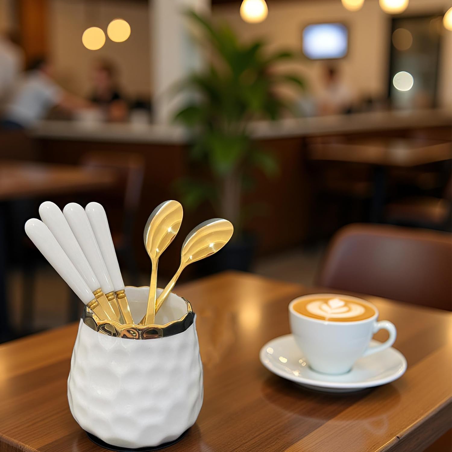 7Pcs Coffee Spoons Set,Ceramic Jar with 6 Spoons,Dessert Spoon with Holder, Creative Small Spoon Set for Coffee Ice Cream Cakes Dessert Party