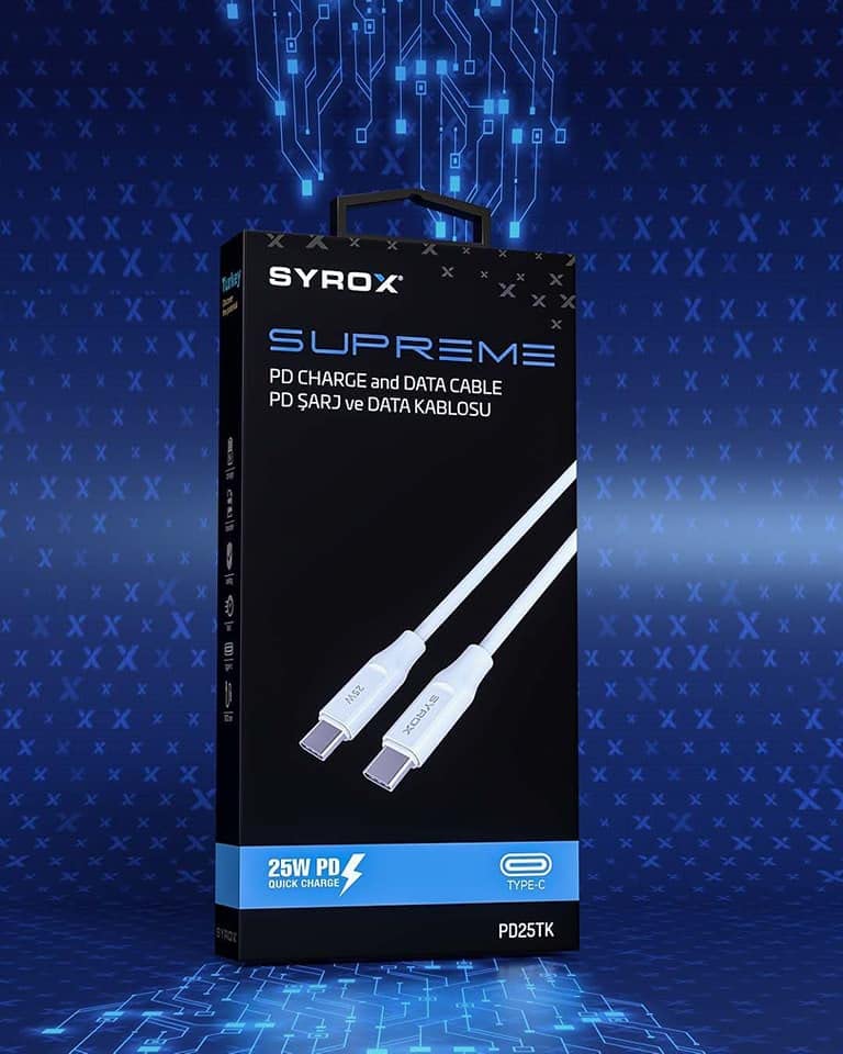Syrox PD25TK Type-C To Type-C Pd 25W Hızlı Data/Şarj Kablosu 1 Metre Beyaz