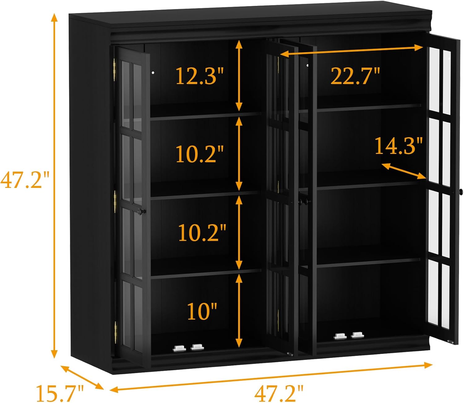 Modular Display Cabinet with Glass Doors, 47.2" W Cubeical Storage Bookshelf with 4 Tiers Shelf, Modern Curio Cabinet for Home Office Living Room, Stackable Unit in Black