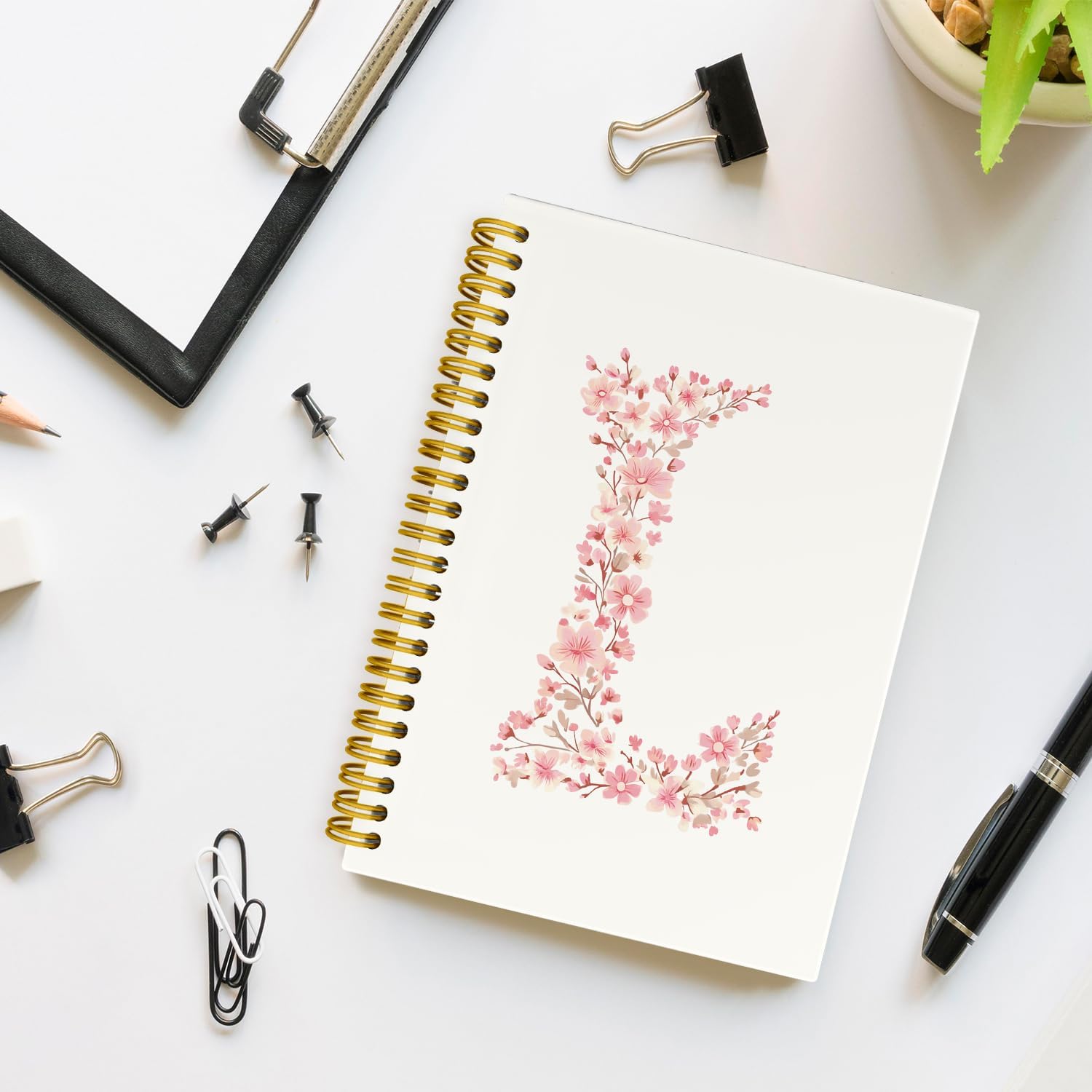 Pink Cute Spiral Notebook Journal, Preppy Floral Initial Letter L Personalized Journaling Notebooks, Monogrammed Gifts for Women Girls, Botanical Hardcover Spiral Lined Notebook 5.5 x 8.3 - Image 3