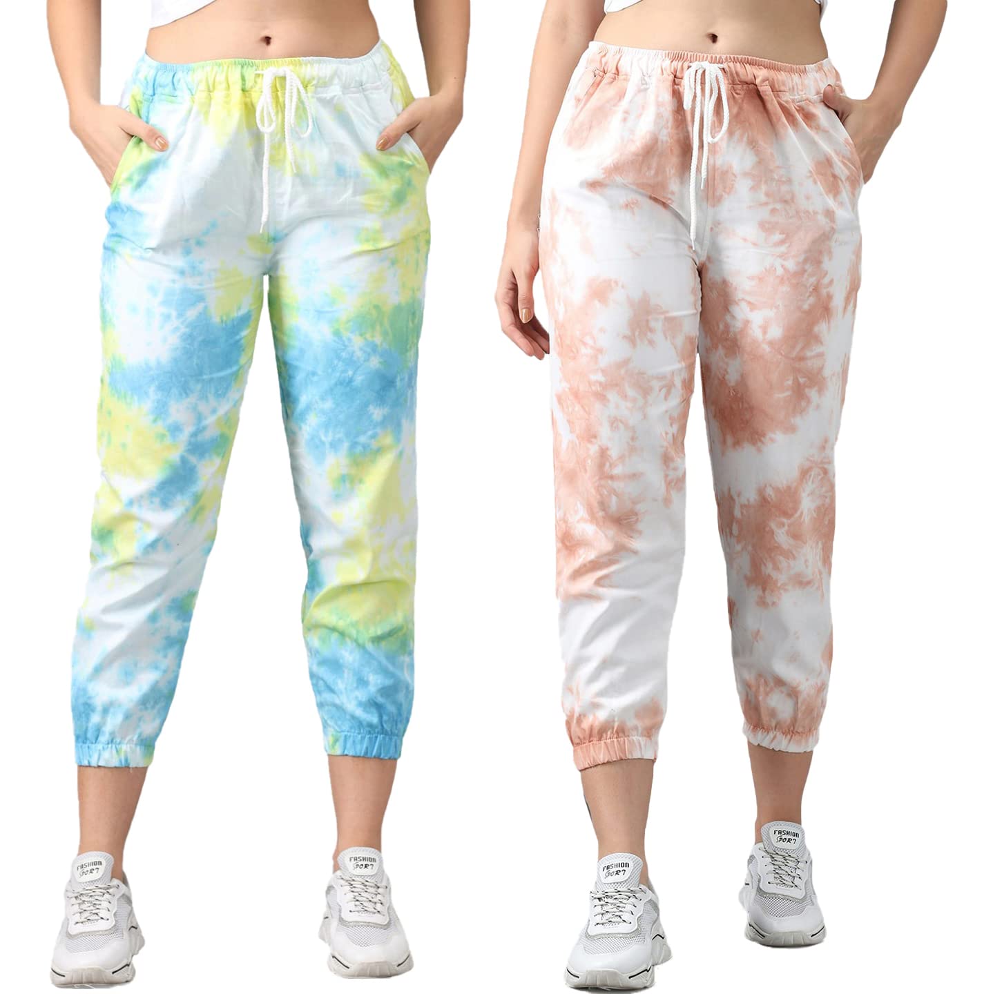 Women Lycra Cotton Trousers for Women Combo Pack of 2 with Side Pockets | Cotton Lycra Tie-Dye Joggers Combo-image-35