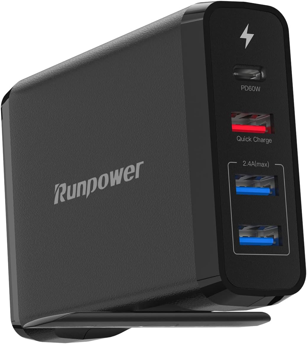 USB C Charger Runpower 90W 4-Port Fast Charger with 60W & 18W Quick Charge Ports and Dual USB A Ports 12W, USB C Wall Charger for MacBook Laptop, Phone, Tablet and More